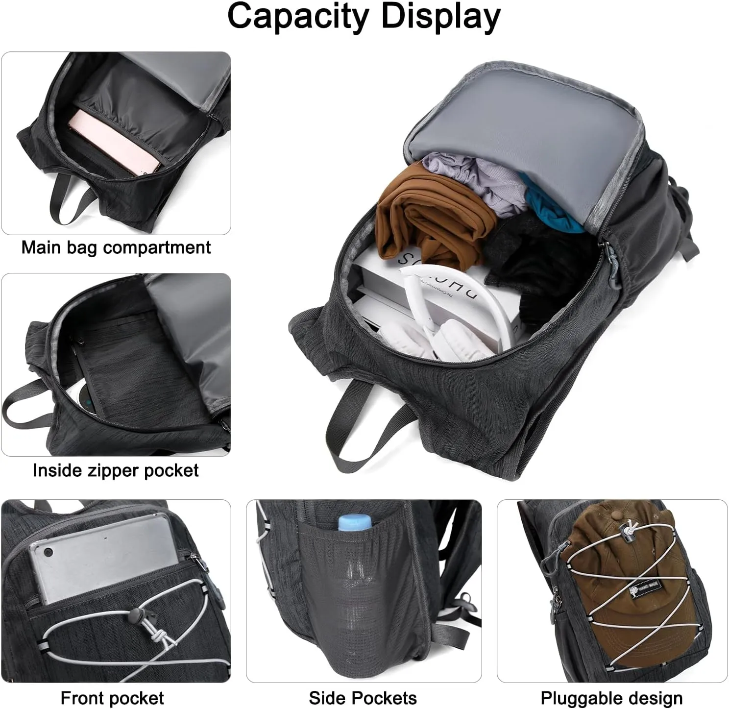 20L Hiking Backpack Lightweight Packable Hiking Daypack Small Travel Outdoor Foldable Shoulder Bag Black