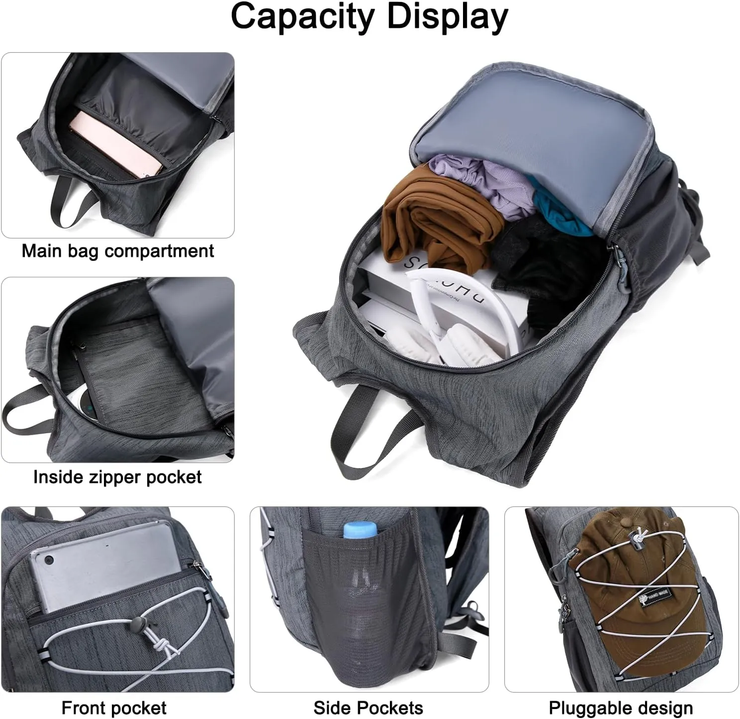 20L Hiking Backpack Lightweight Packable Hiking Daypack Small Travel Outdoor Foldable Shoulder Bag Gray