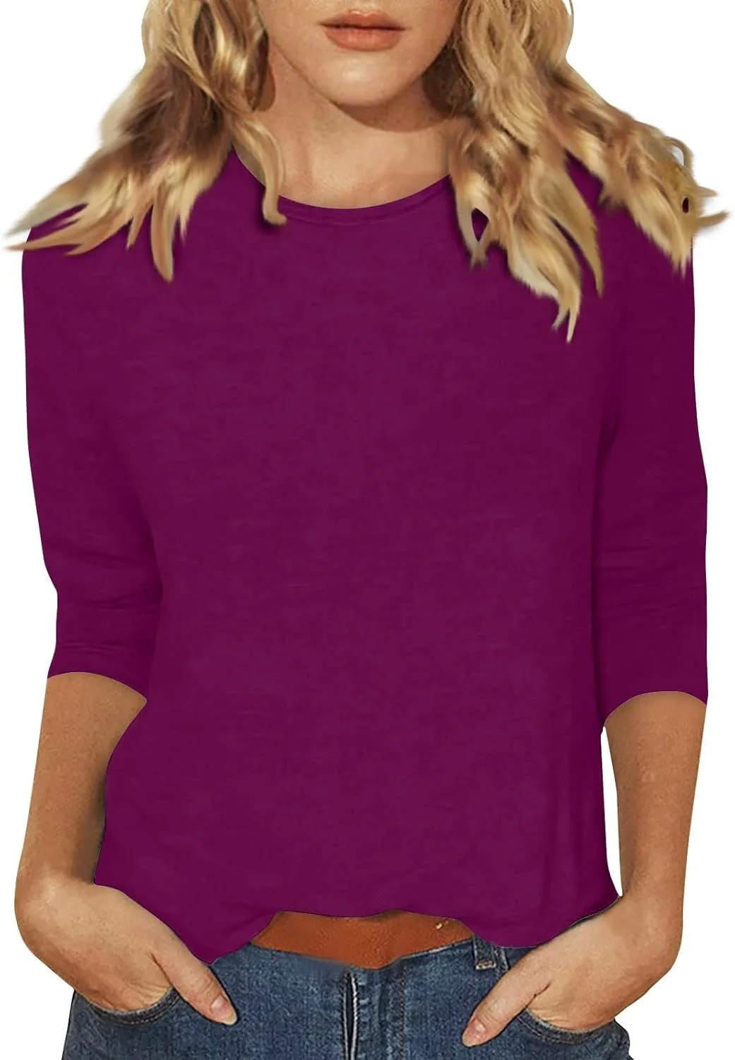 3/4 Length Sleeve Womens Tops Casual Loose Fit Crewneck T Shirts Cute Solid Three Quarter Length Tunic Tops