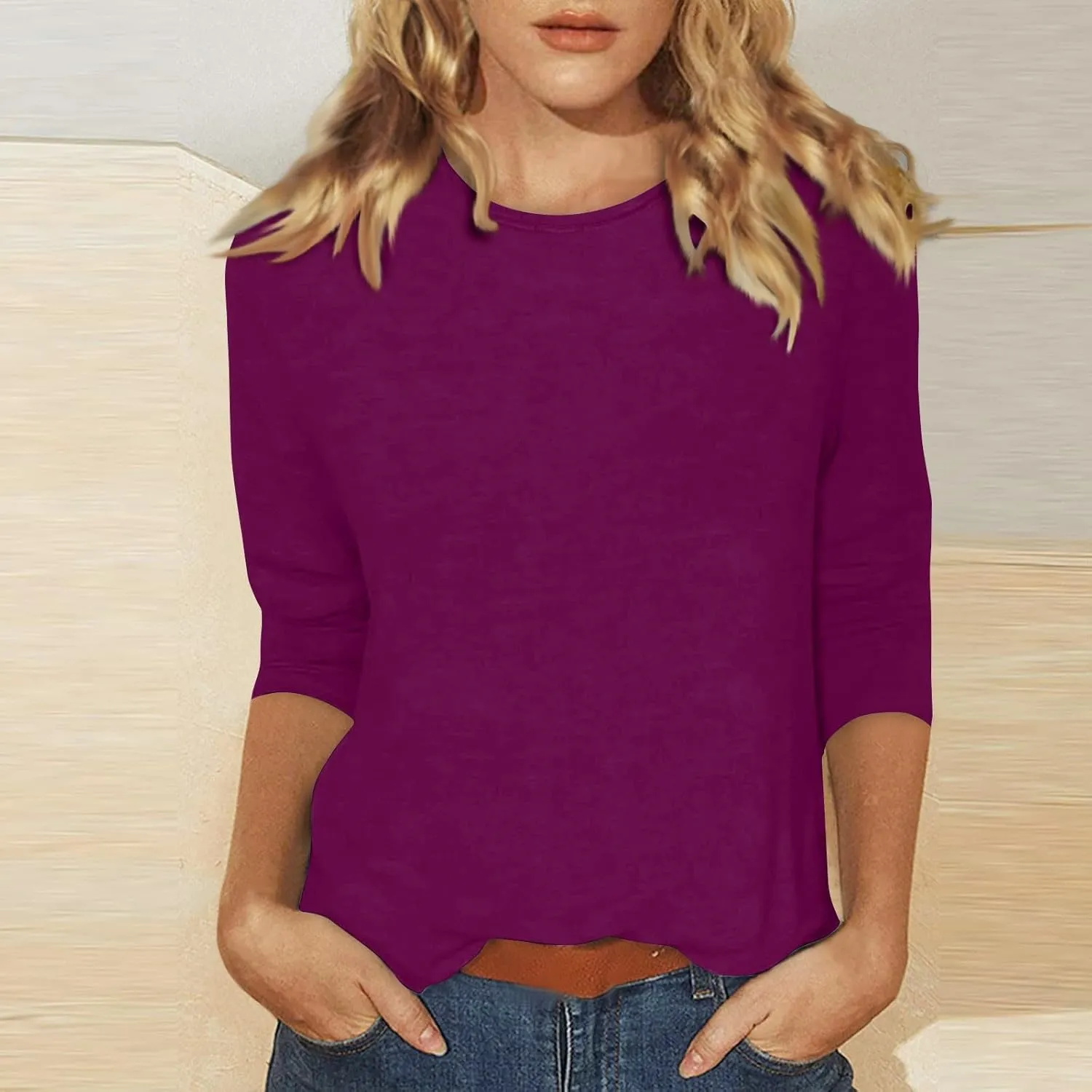 3/4 Length Sleeve Womens Tops Casual Loose Fit Crewneck T Shirts Cute Solid Three Quarter Length Tunic Tops