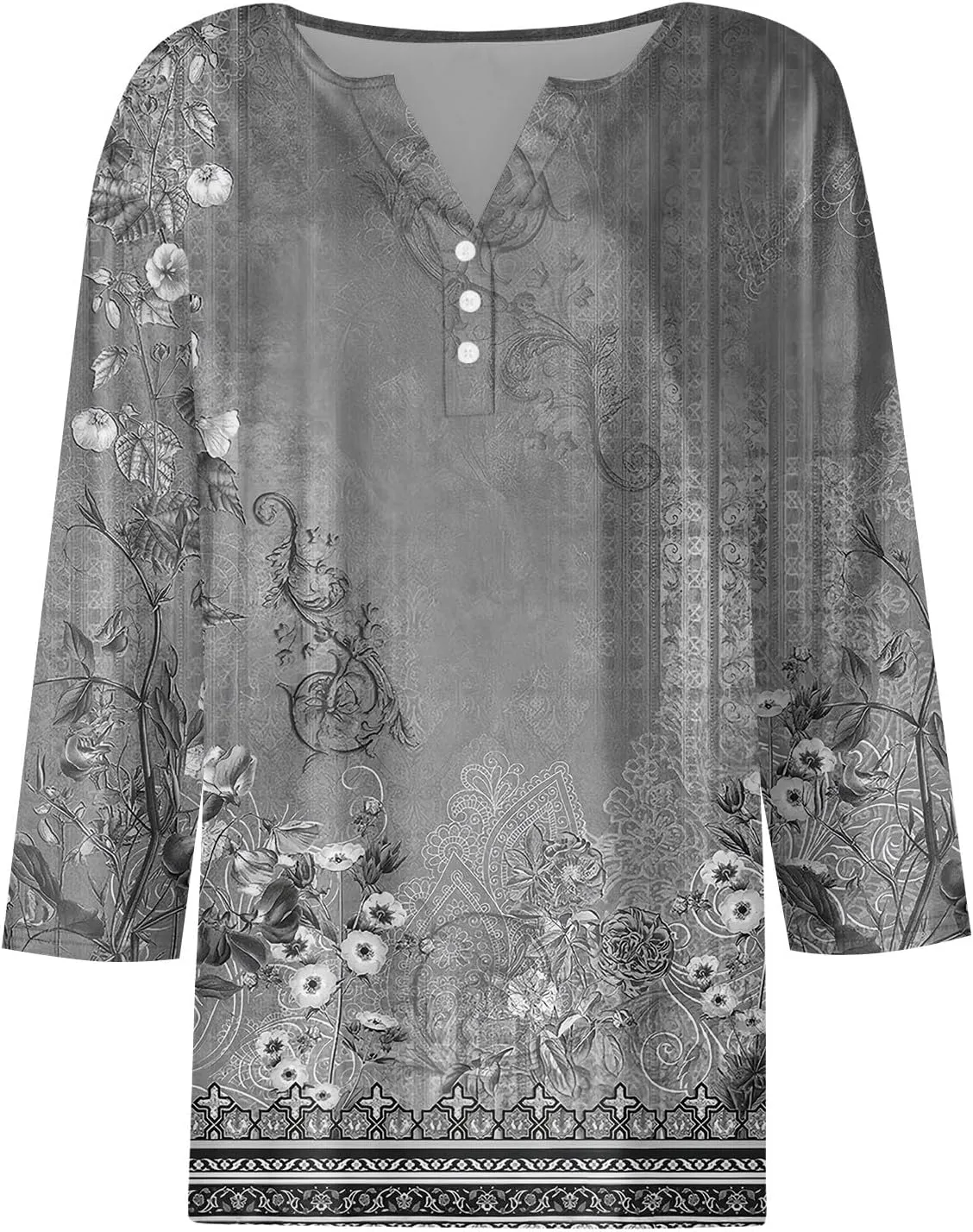 3/4 Length Sleeve Womens Tops Henley V Neck Summer Shirts Casual Elbow Length Button Down Shirt Floral Print Blouses