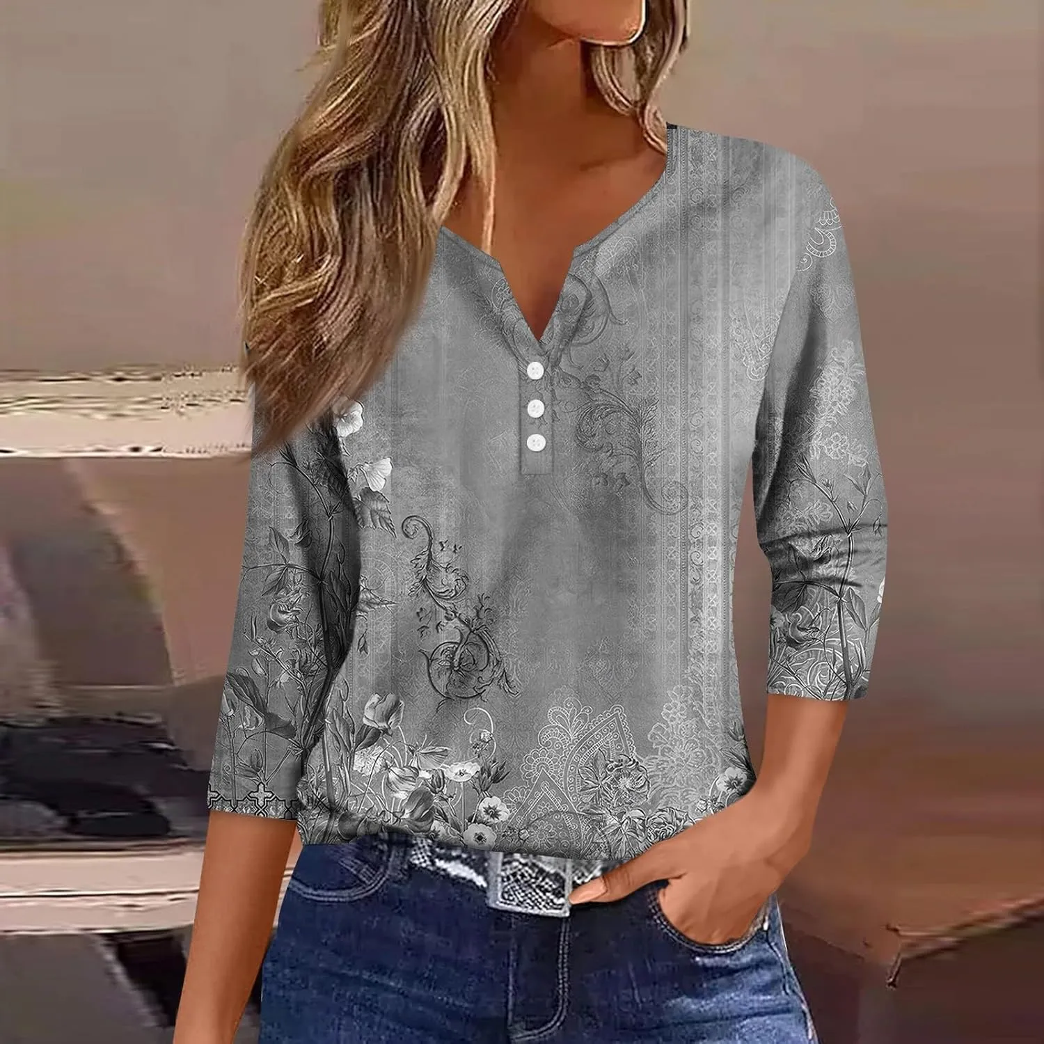 3/4 Length Sleeve Womens Tops Henley V Neck Summer Shirts Casual Elbow Length Button Down Shirt Floral Print Blouses