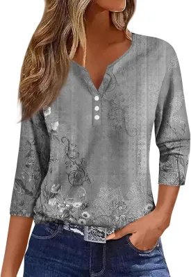 3/4 Length Sleeve Womens Tops Henley V Neck Summer Shirts Casual Elbow Length Button Down Shirt Floral Print Blouses