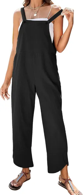 APAFES Women Summer Sleeveless Cotton Linen Bib Overalls Tulip Baggy Capri Jumpsuits with Pockets