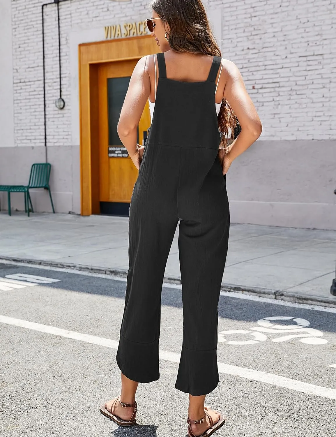 APAFES Women Summer Sleeveless Cotton Linen Bib Overalls Tulip Baggy Capri Jumpsuits with Pockets