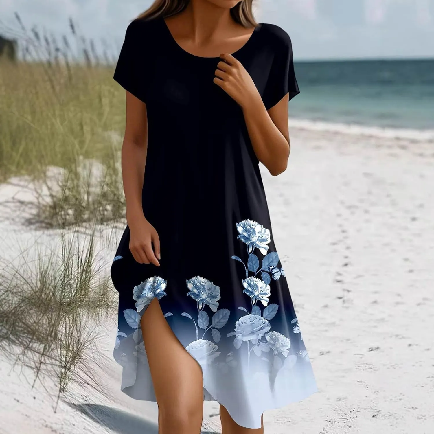 BAXLIMEK Beach Dresses for Women,2025 Summer Trendy Floral Print Boho Vacation Dress,Casual Short Sleeve Flowy Midi Dress
