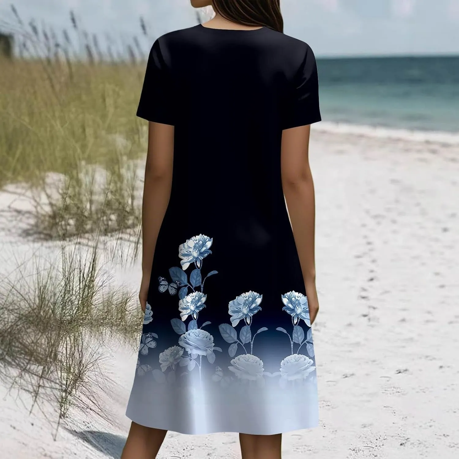 BAXLIMEK Beach Dresses for Women,2025 Summer Trendy Floral Print Boho Vacation Dress,Casual Short Sleeve Flowy Midi Dress