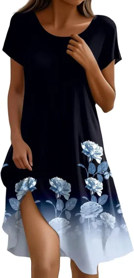 BAXLIMEK Beach Dresses for Women,2025 Summer Trendy Floral Print Boho Vacation Dress,Casual Short Sleeve Flowy Midi Dress