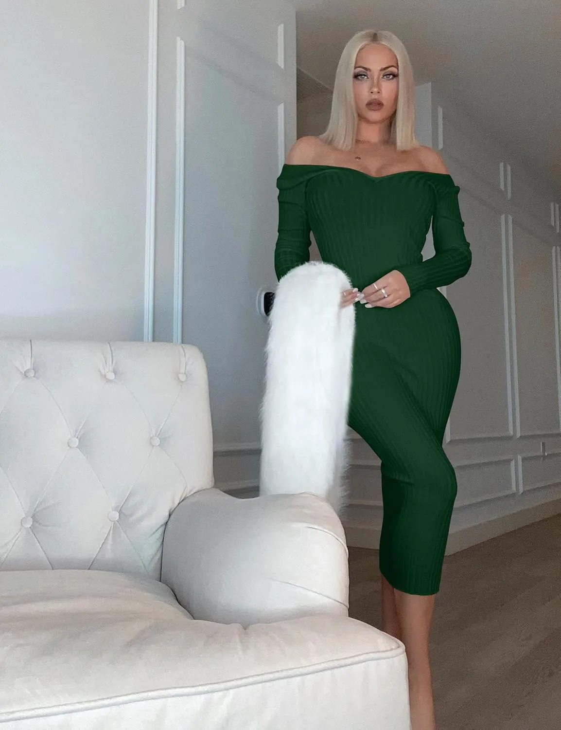 BEAGIMEG Women's Sexy Long Sleeve Off Shoulder Knit Bodycon Long Dress