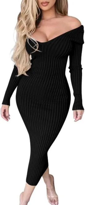 BEAGIMEG Women's Sexy Long Sleeve Off Shoulder Knit Bodycon Long Dress