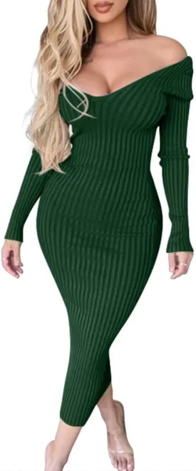 BEAGIMEG Women's Sexy Long Sleeve Off Shoulder Knit Bodycon Long Dress