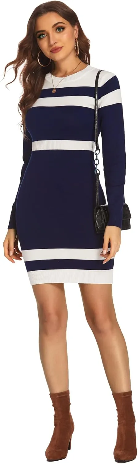 Beyove Women's Colorblock Striped Long Sleeve Cotton Knit Sweater Bodycon Dress XS-XXL