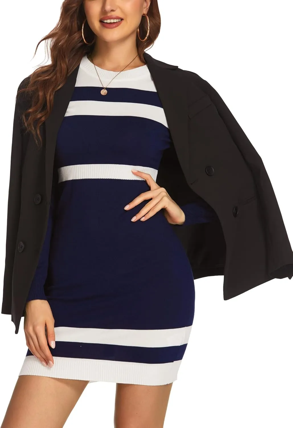 Beyove Women's Colorblock Striped Long Sleeve Cotton Knit Sweater Bodycon Dress XS-XXL