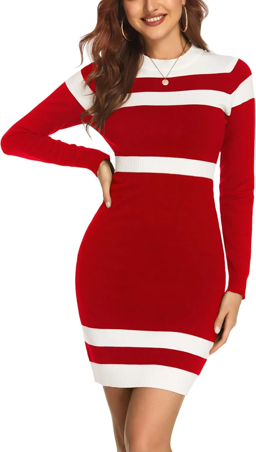 Beyove Women's Colorblock Striped Long Sleeve Cotton Knit Sweater Bodycon Dress XS-XXL
