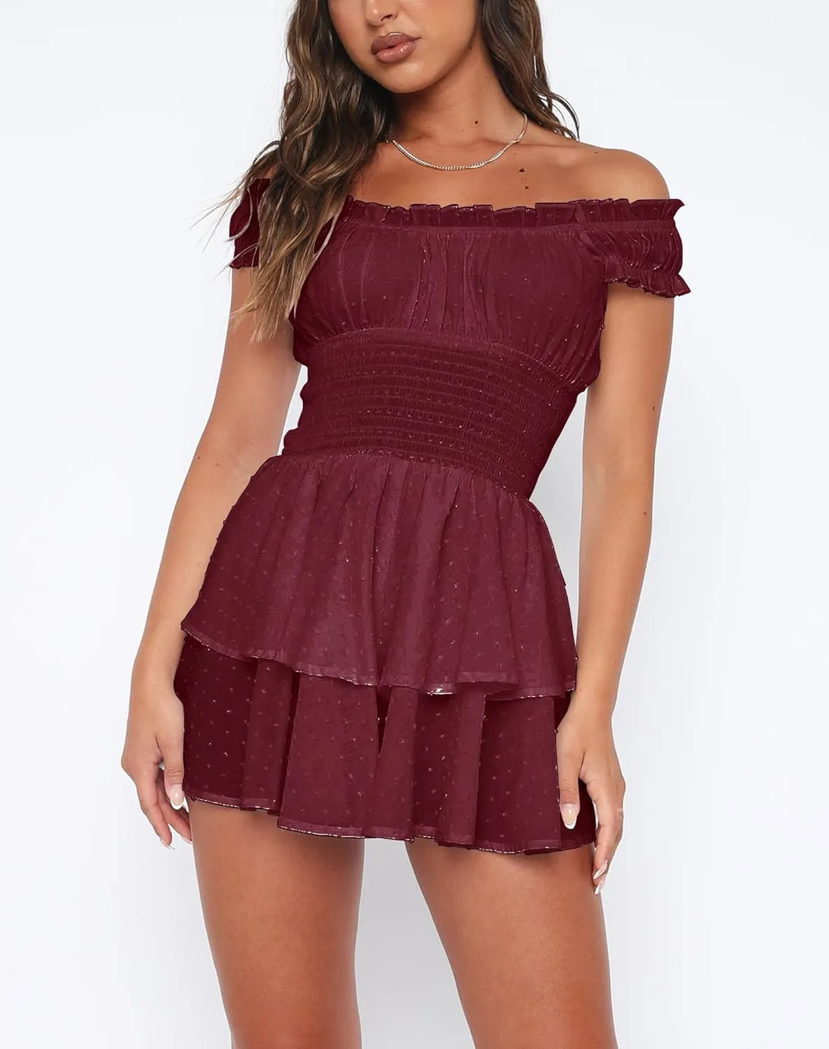 Bingerlily Womens Summer Off Shoulder Mini Dress Cute Chiffon Slim Fit Dresses