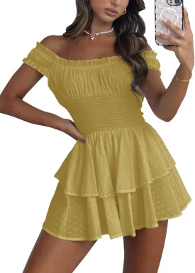 Bingerlily Womens Summer Off Shoulder Mini Dress Cute Chiffon Slim Fit Dresses