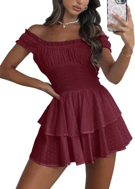Bingerlily Womens Summer Off Shoulder Mini Dress Cute Chiffon Slim Fit Dresses