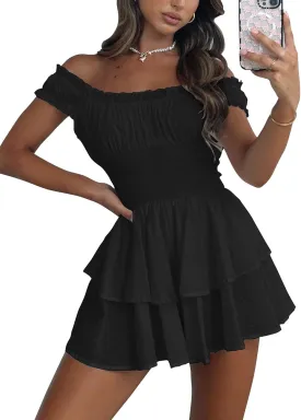 Bingerlily Womens Summer Off Shoulder Mini Dress Cute Chiffon Slim Fit Dresses