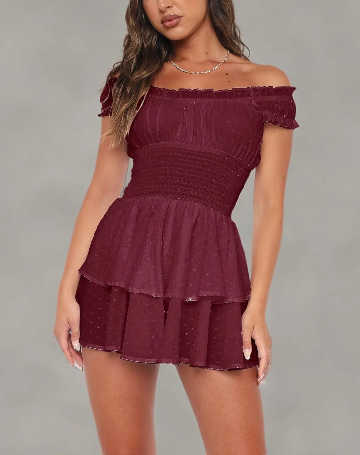 Bingerlily Womens Summer Off Shoulder Mini Dress Cute Chiffon Slim Fit Dresses