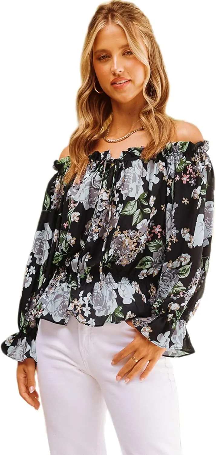 BLENCOT Summer Sexy Off Shoulder Tops for Women Boho Ruffle Sleeve Floral Chiffon Shirts Blouses