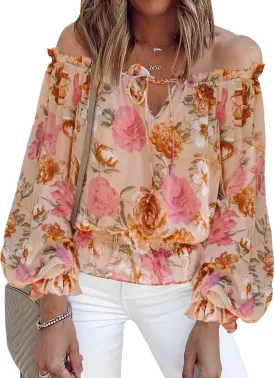BLENCOT Summer Sexy Off Shoulder Tops for Women Boho Ruffle Sleeve Floral Chiffon Shirts Blouses