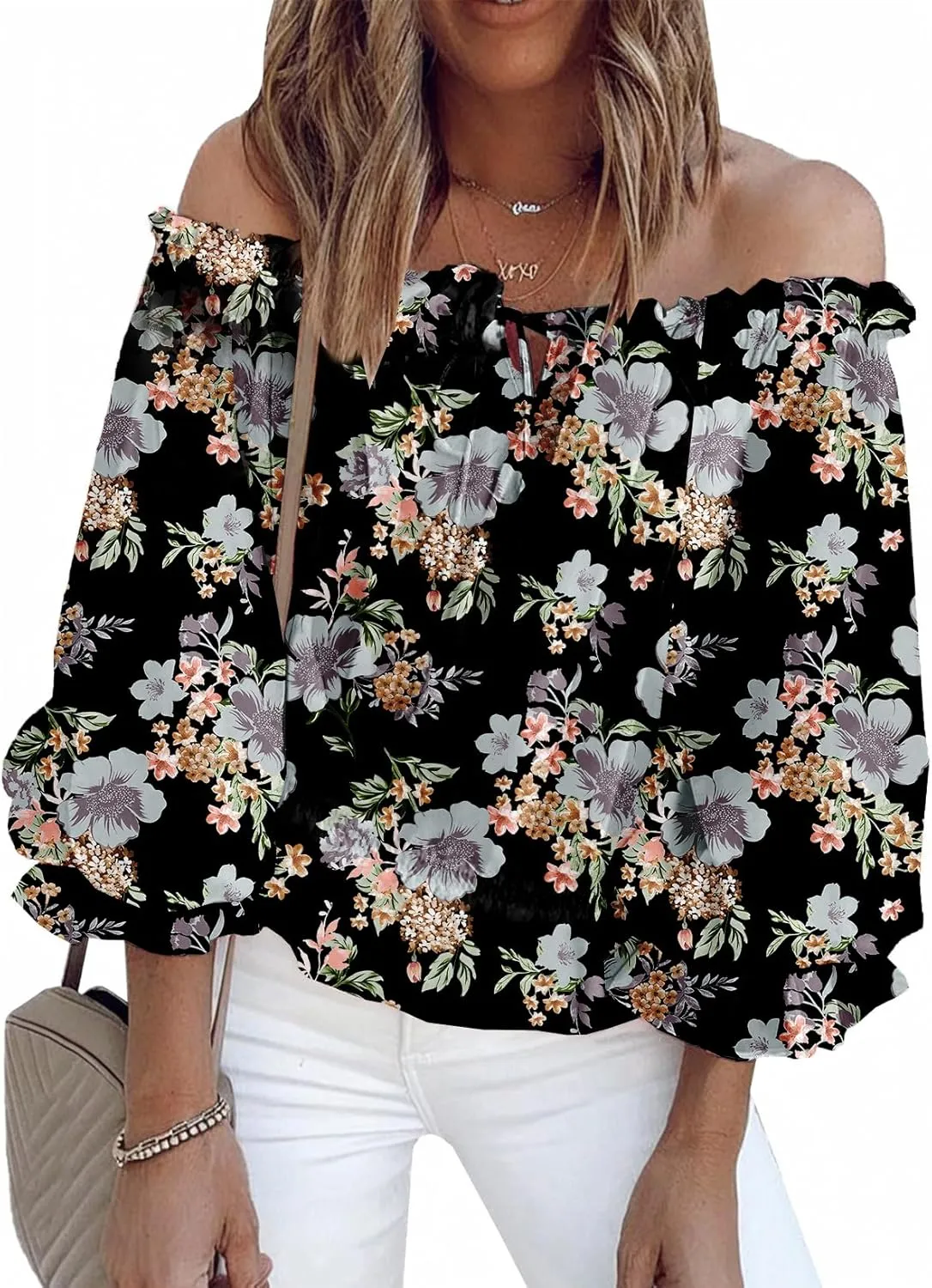 BLENCOT Summer Sexy Off Shoulder Tops for Women Boho Ruffle Sleeve Floral Chiffon Shirts Blouses