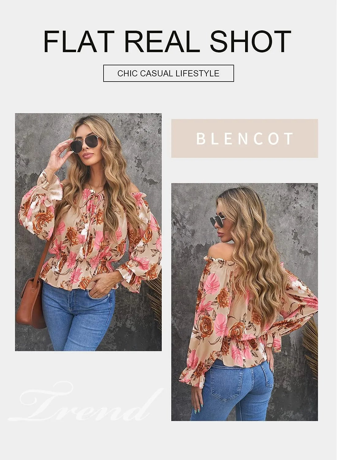 BLENCOT Summer Sexy Off Shoulder Tops for Women Boho Ruffle Sleeve Floral Chiffon Shirts Blouses