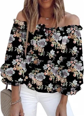 BLENCOT Summer Sexy Off Shoulder Tops for Women Boho Ruffle Sleeve Floral Chiffon Shirts Blouses