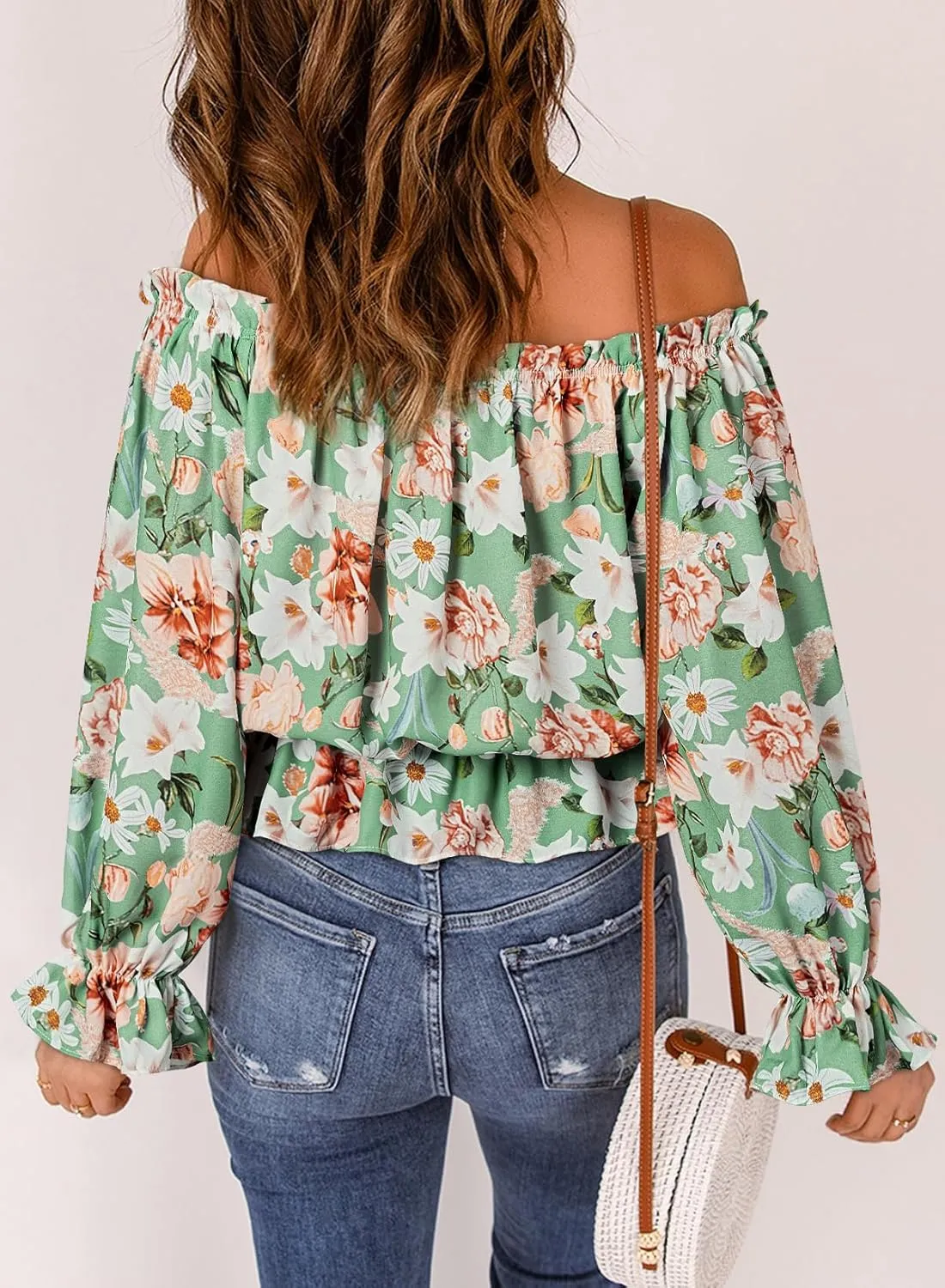 BLENCOT Summer Sexy Off Shoulder Tops for Women Boho Ruffle Sleeve Floral Chiffon Shirts Blouses