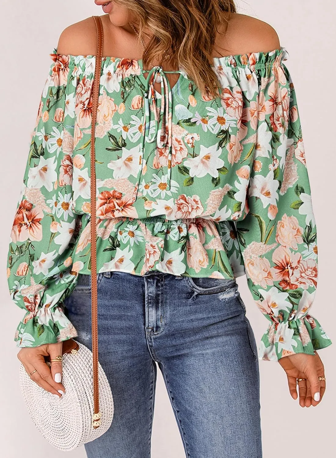 BLENCOT Summer Sexy Off Shoulder Tops for Women Boho Ruffle Sleeve Floral Chiffon Shirts Blouses