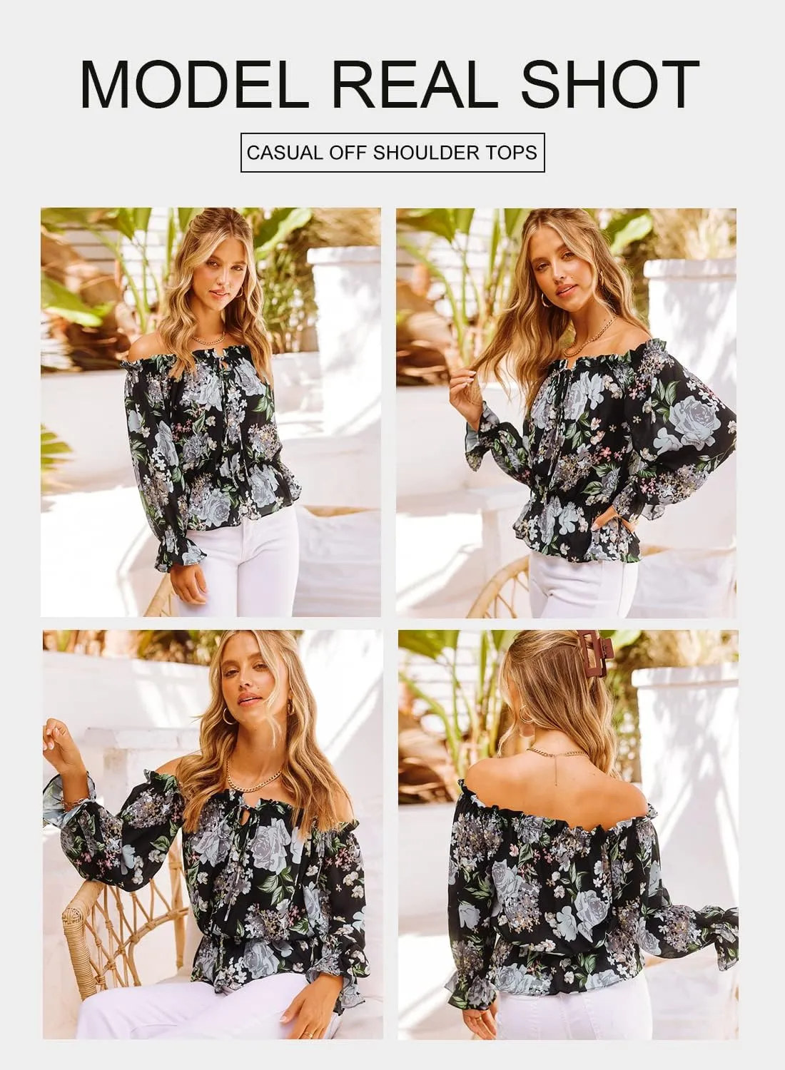BLENCOT Summer Sexy Off Shoulder Tops for Women Boho Ruffle Sleeve Floral Chiffon Shirts Blouses