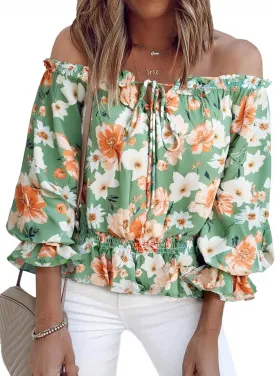BLENCOT Summer Sexy Off Shoulder Tops for Women Boho Ruffle Sleeve Floral Chiffon Shirts Blouses