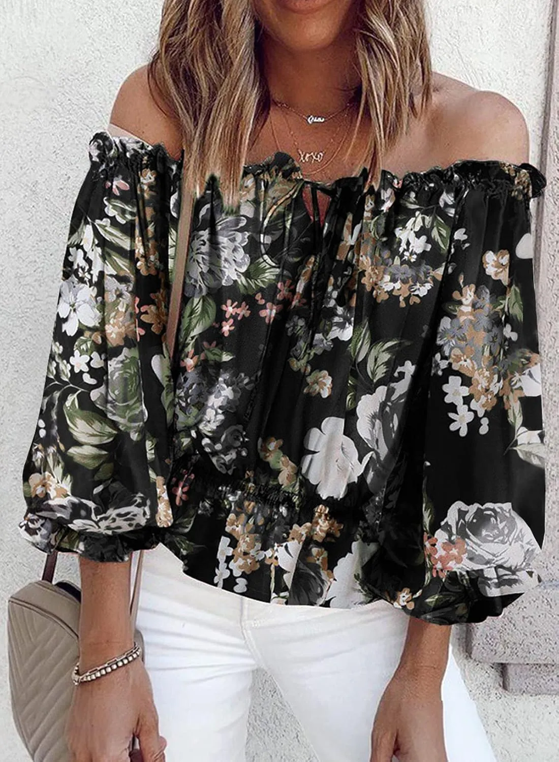 BLENCOT Summer Sexy Off Shoulder Tops for Women Boho Ruffle Sleeve Floral Chiffon Shirts Blouses