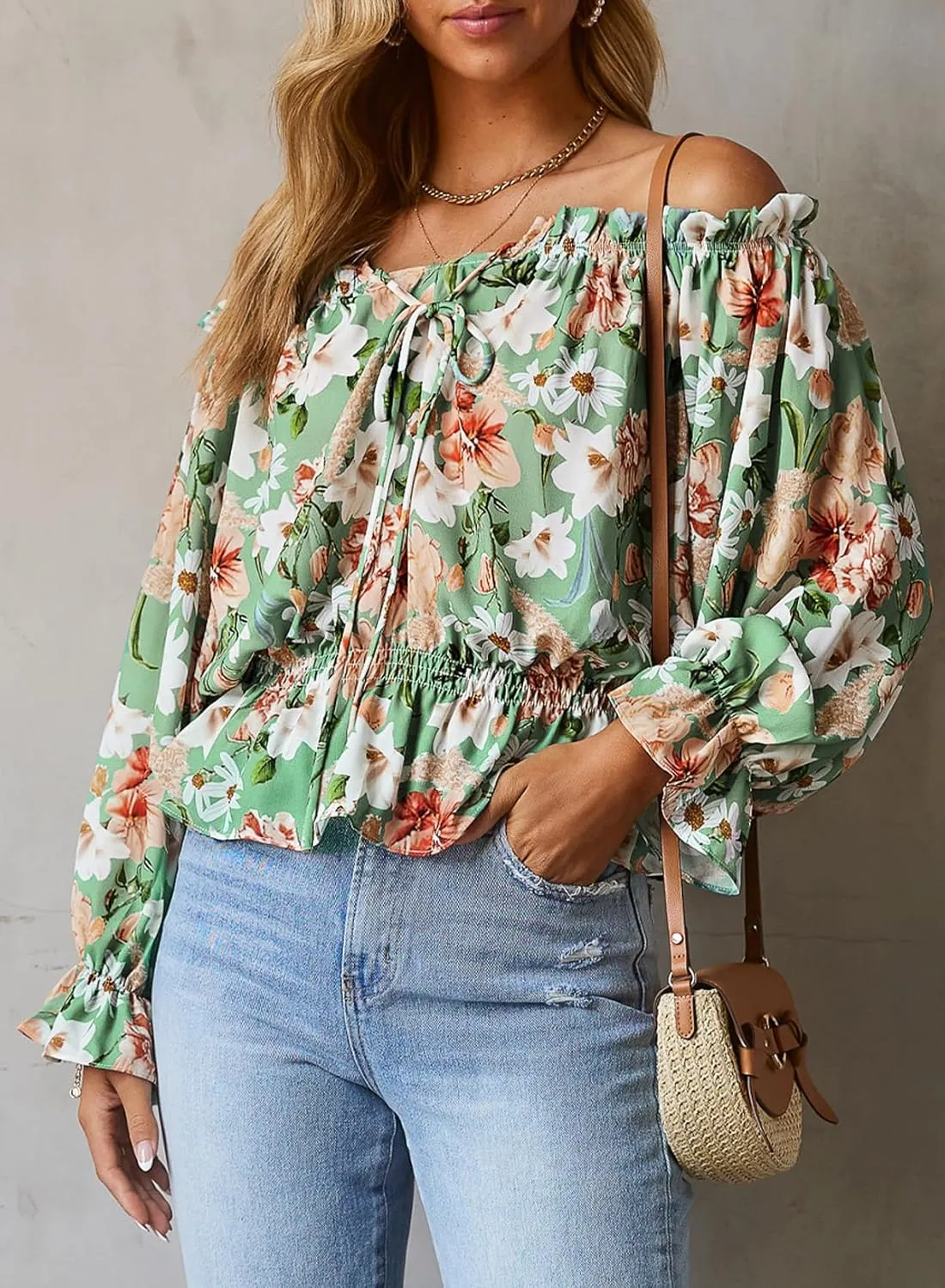 BLENCOT Summer Sexy Off Shoulder Tops for Women Boho Ruffle Sleeve Floral Chiffon Shirts Blouses