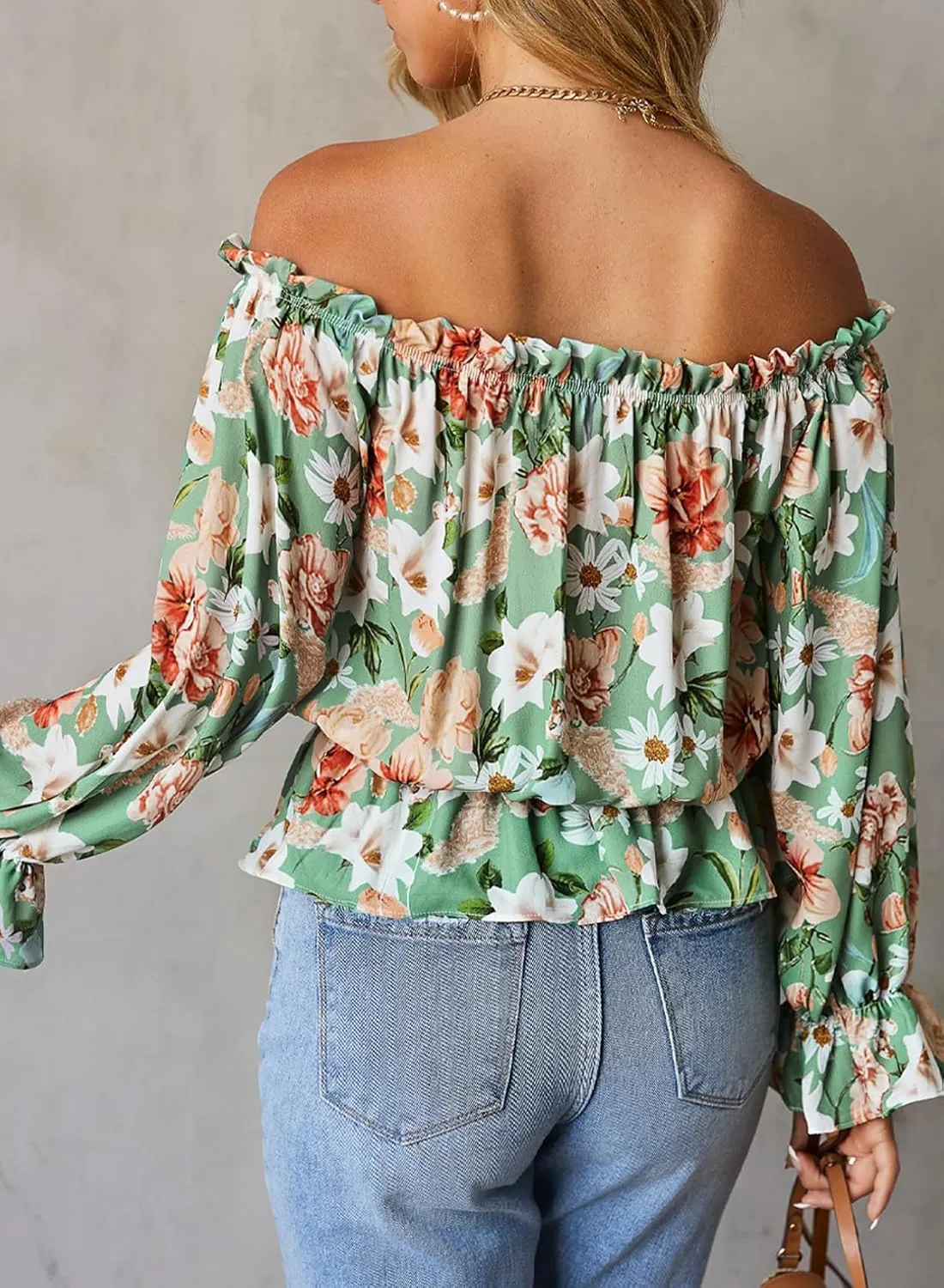 BLENCOT Summer Sexy Off Shoulder Tops for Women Boho Ruffle Sleeve Floral Chiffon Shirts Blouses