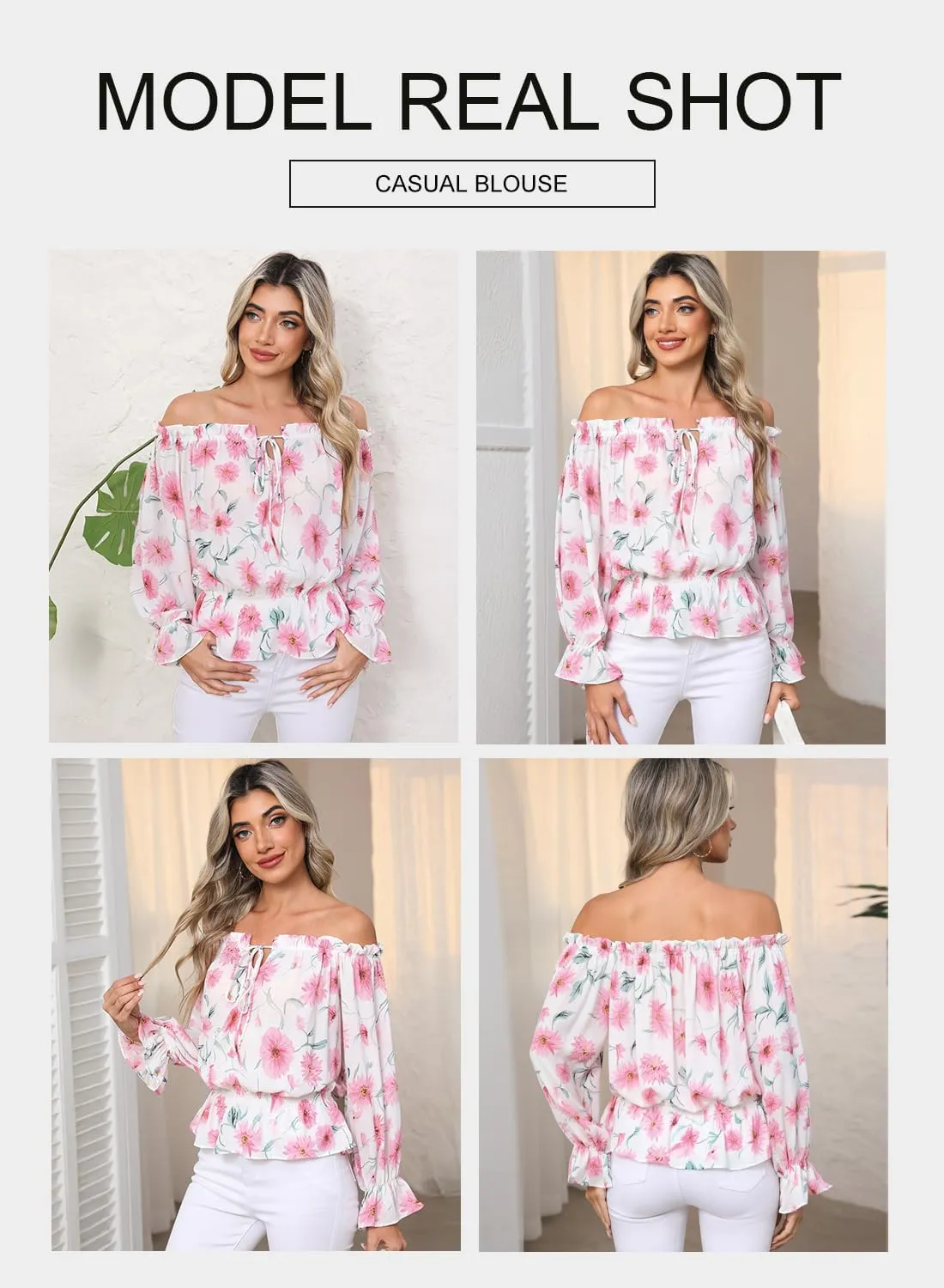 BLENCOT Summer Sexy Off Shoulder Tops for Women Boho Ruffle Sleeve Floral Chiffon Shirts Blouses