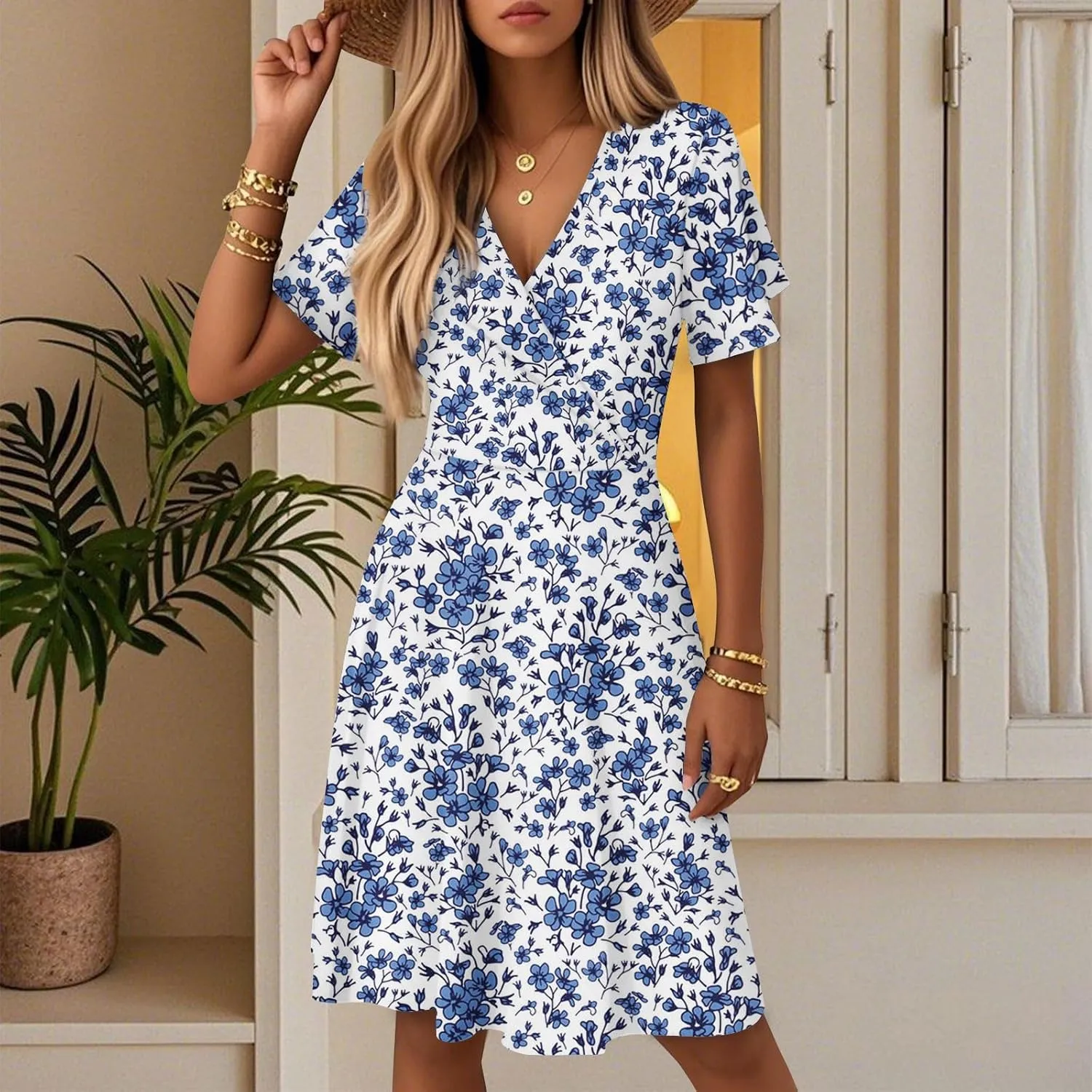 Boho Dresses for Women 2025 Elegant Classy Summer Beach Floral Casual V Neck Knee Length Sundress with Sleeves