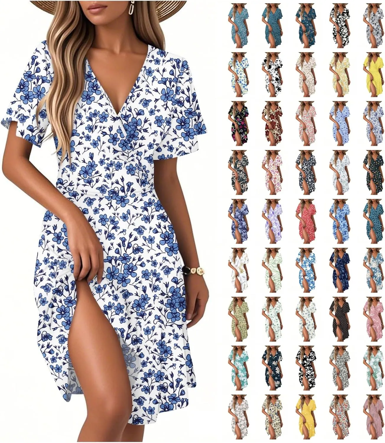 Boho Dresses for Women 2025 Elegant Classy Summer Beach Floral Casual V Neck Knee Length Sundress with Sleeves