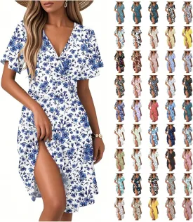 Boho Dresses for Women 2025 Elegant Classy Summer Beach Floral Casual V Neck Knee Length Sundress with Sleeves