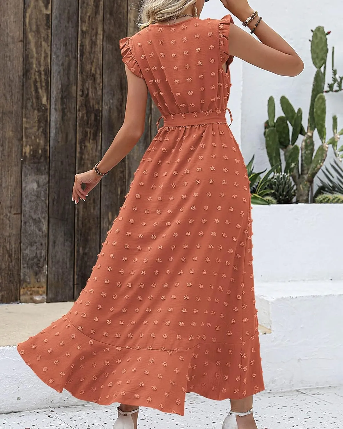 BTFBM Women V Neck Summer Dress 2025 Cap Sleeve Swiss Dot Boho Flowy Ruffle Slit Beach Party Long Maxi Cocktail Dresses