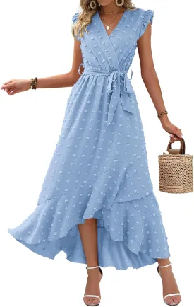 BTFBM Women V Neck Summer Dress 2025 Cap Sleeve Swiss Dot Boho Flowy Ruffle Slit Beach Party Long Maxi Cocktail Dresses