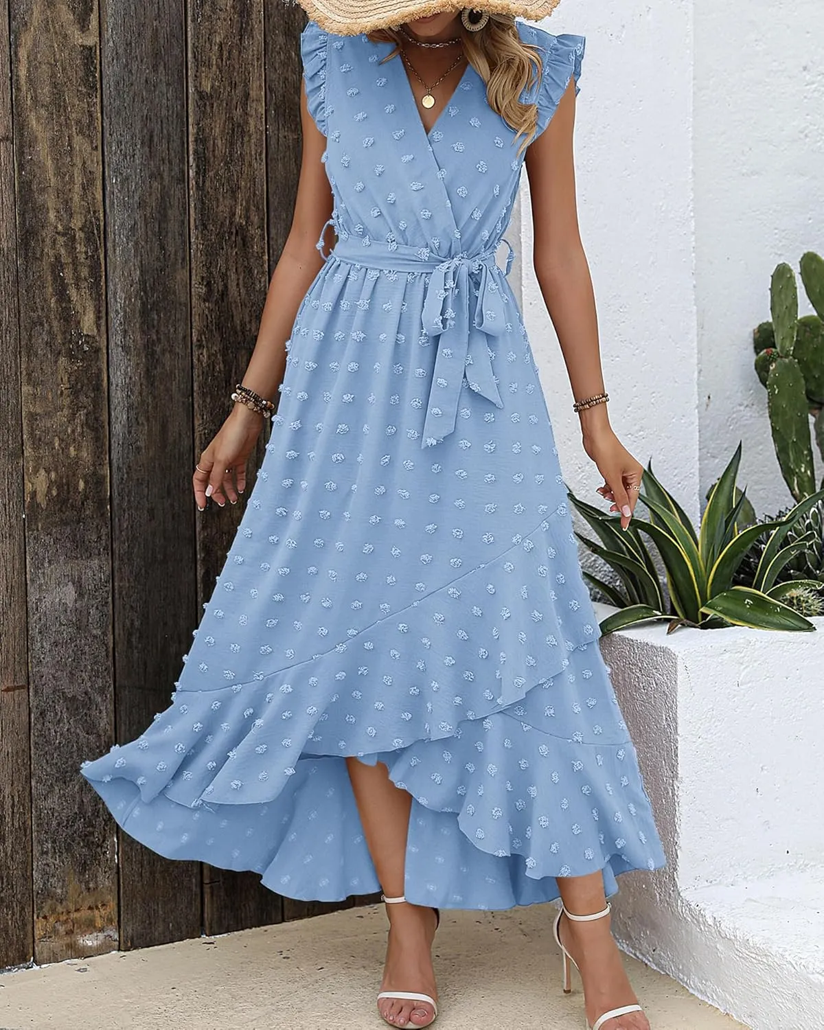 BTFBM Women V Neck Summer Dress 2025 Cap Sleeve Swiss Dot Boho Flowy Ruffle Slit Beach Party Long Maxi Cocktail Dresses