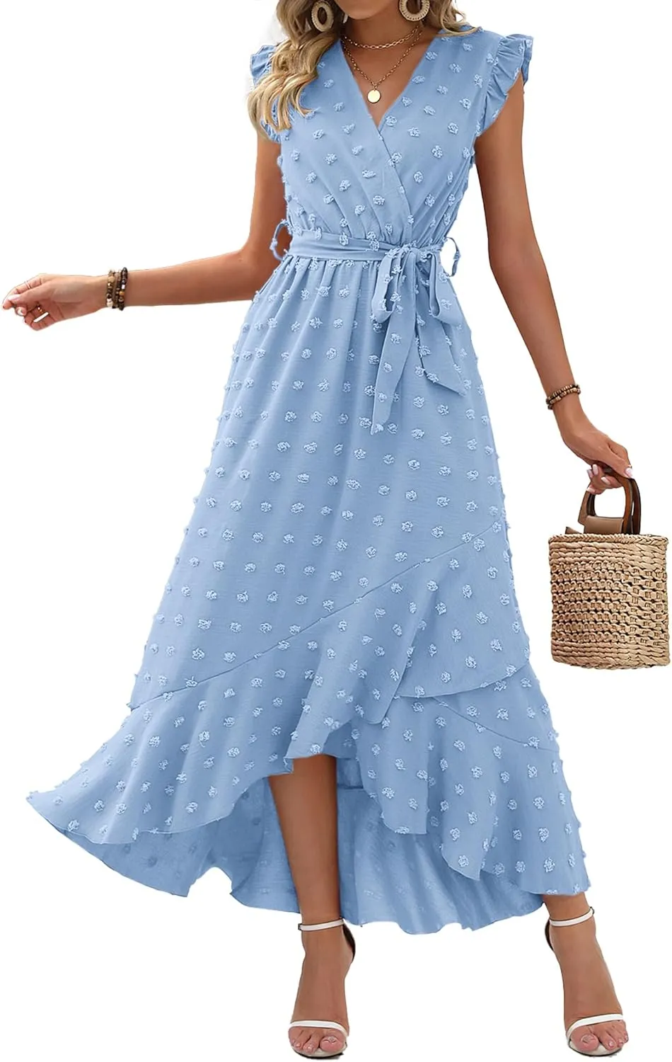 BTFBM Women V Neck Summer Dress 2025 Cap Sleeve Swiss Dot Boho Flowy Ruffle Slit Beach Party Long Maxi Cocktail Dresses