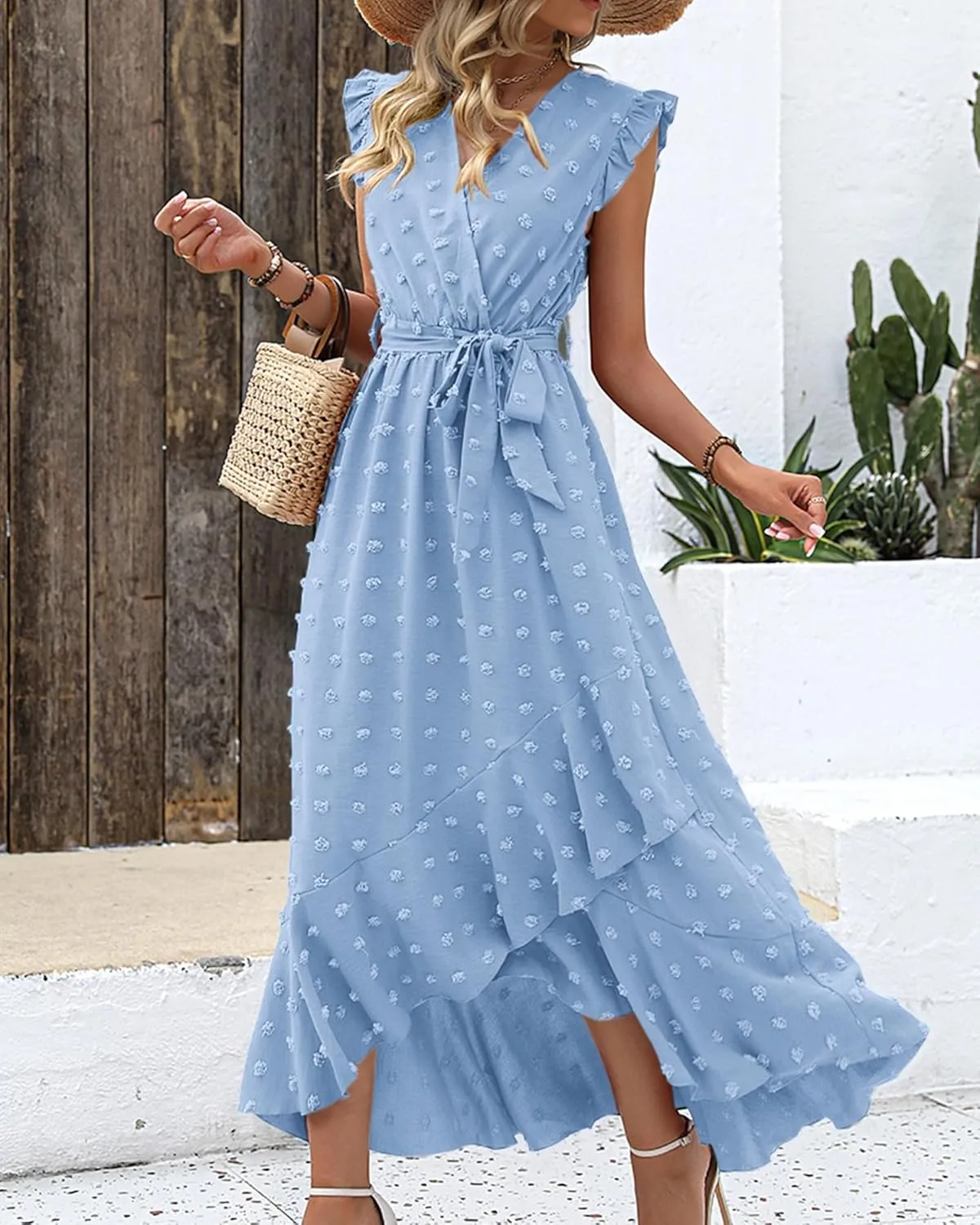 BTFBM Women V Neck Summer Dress 2025 Cap Sleeve Swiss Dot Boho Flowy Ruffle Slit Beach Party Long Maxi Cocktail Dresses