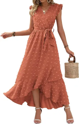 BTFBM Women V Neck Summer Dress 2025 Cap Sleeve Swiss Dot Boho Flowy Ruffle Slit Beach Party Long Maxi Cocktail Dresses