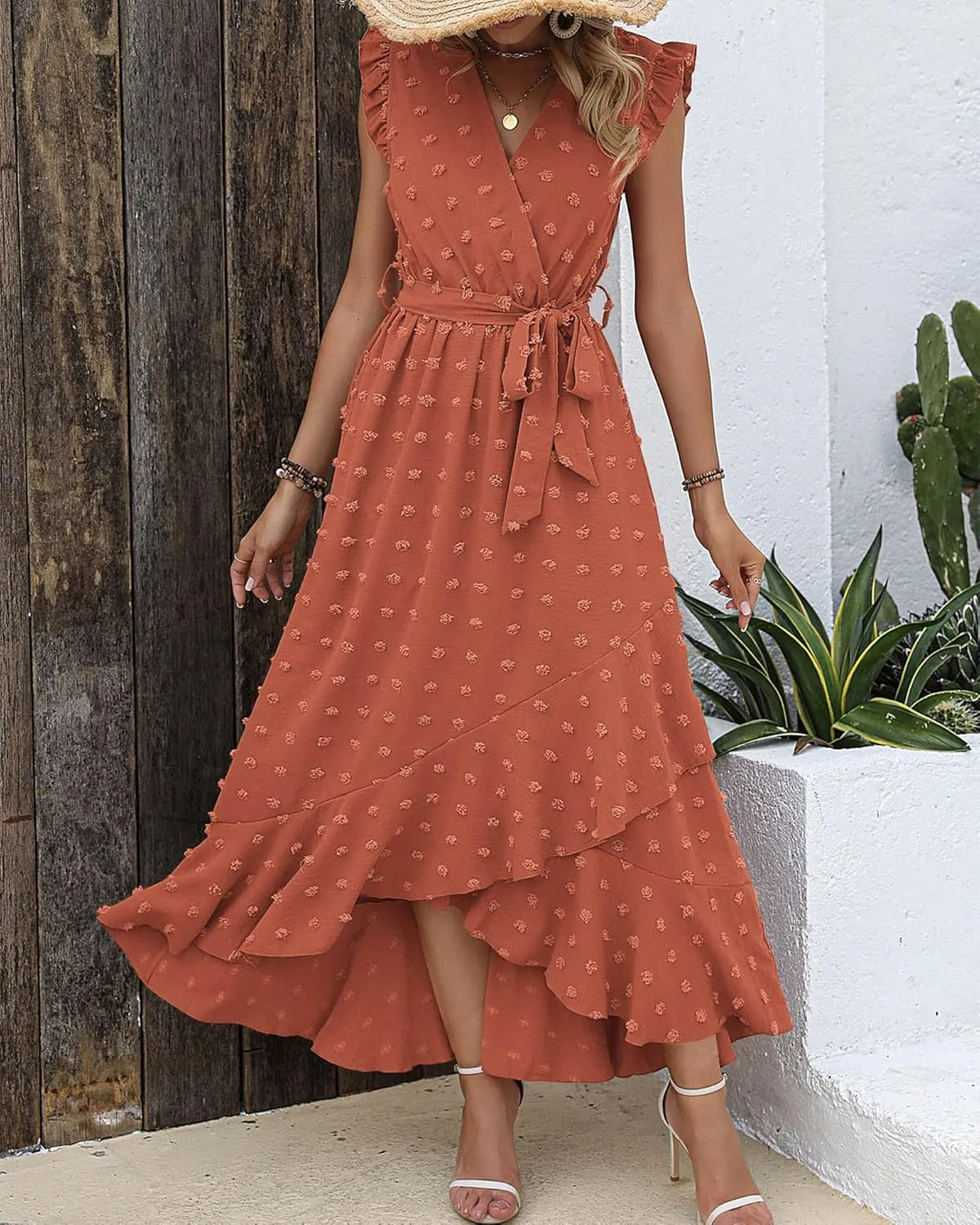 BTFBM Women V Neck Summer Dress 2025 Cap Sleeve Swiss Dot Boho Flowy Ruffle Slit Beach Party Long Maxi Cocktail Dresses
