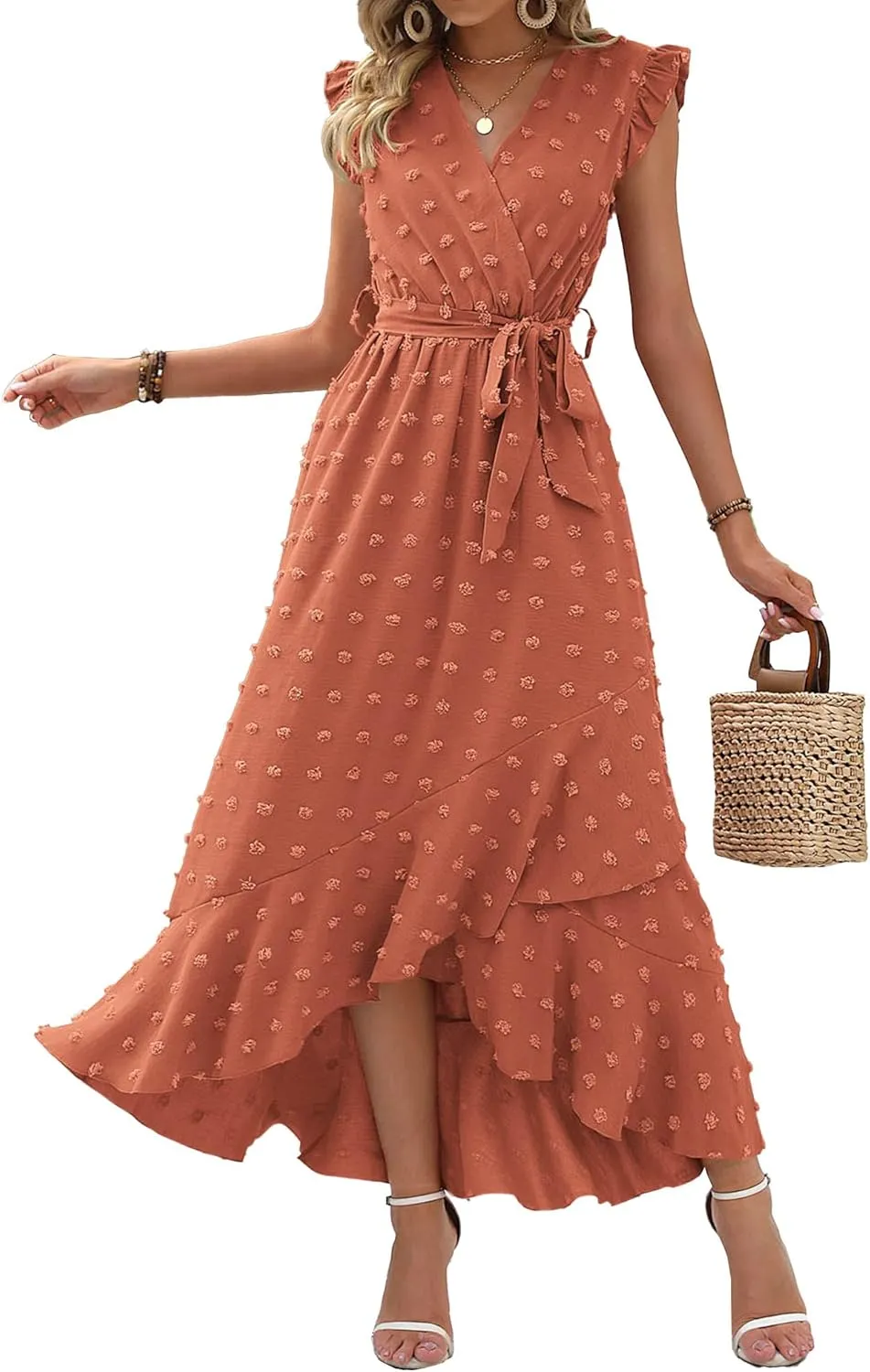 BTFBM Women V Neck Summer Dress 2025 Cap Sleeve Swiss Dot Boho Flowy Ruffle Slit Beach Party Long Maxi Cocktail Dresses