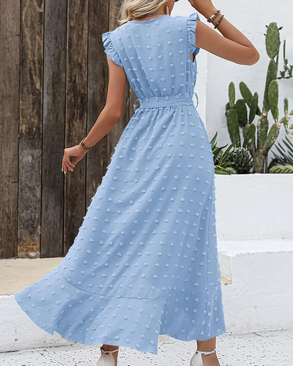 BTFBM Women V Neck Summer Dress 2025 Cap Sleeve Swiss Dot Boho Flowy Ruffle Slit Beach Party Long Maxi Cocktail Dresses