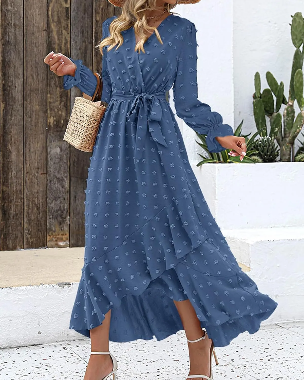 BTFBM Womens Boho Cocktail Maxi Dress Fall Fashion 2025 V Neck Long Sleeve Swiss Dot Flowy Slit Wedding Guest Dresses