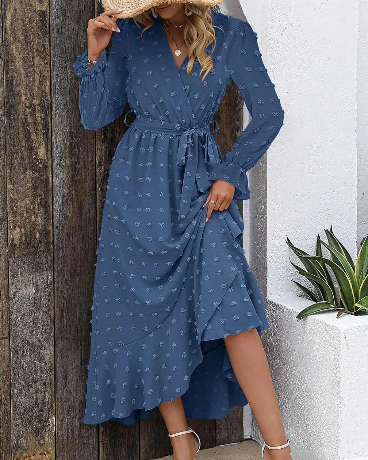 BTFBM Womens Boho Cocktail Maxi Dress Fall Fashion 2025 V Neck Long Sleeve Swiss Dot Flowy Slit Wedding Guest Dresses